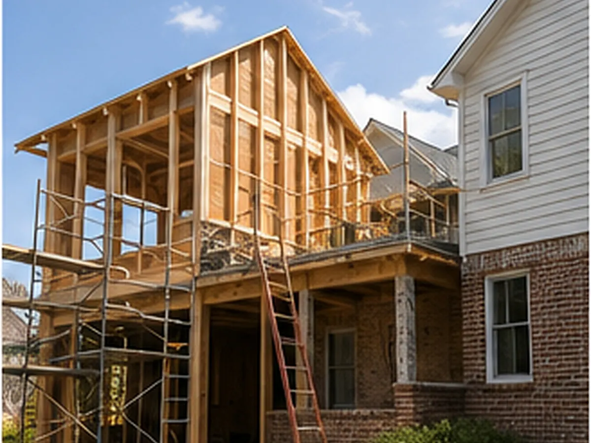 Conceptual construction image showing timber framing for a home addition