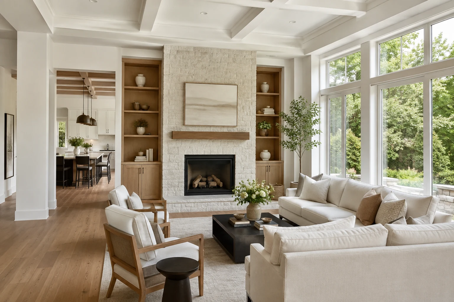 Living room concept showing wood flooring, built-ins, and interior finishes