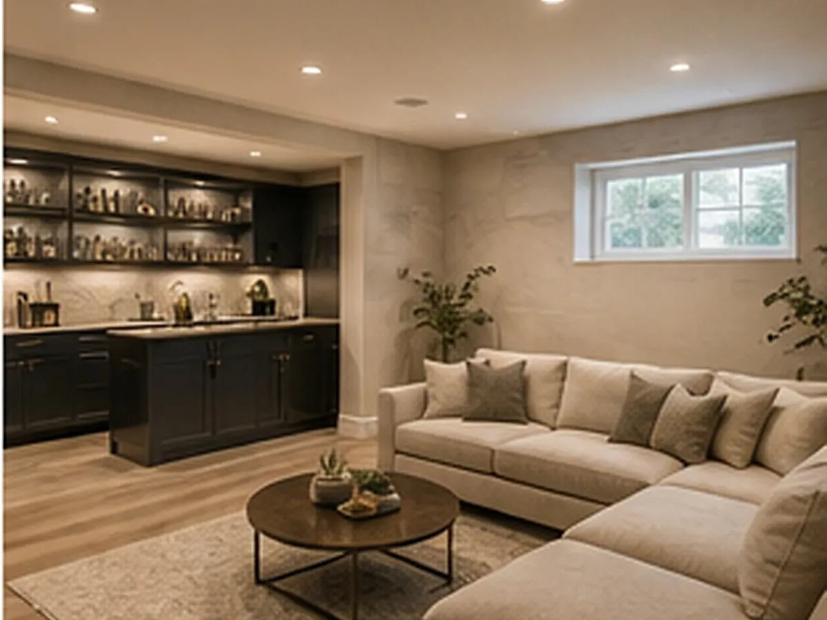 Basement concept with a seating area and built-in bar